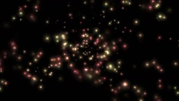 4k fliegende Farbe Glanz Teilchen & Punkte Licht im Raum, vj Hintergrund. — Stockvideo