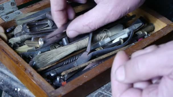 Hulpprogramma's ophalen met oude toolbox.artisans,technicians. — Stockvideo