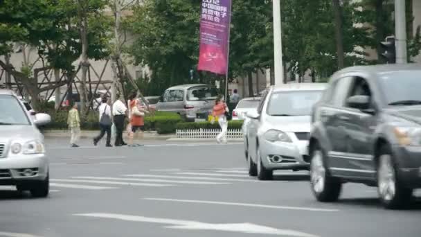 China-Sep 08,2016: Urban intersection street, traffic cars, Busy people, zebra . — стоковое видео