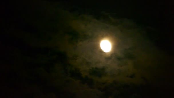 Vollmond durch Wolken, Nachtflug über Wolken, geheimnisvolle Märchenlandschaft. — Stockvideo