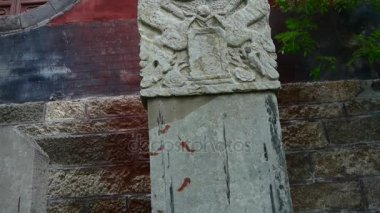 Taş anıt ağaç gölgeleri sallayarak Tapınağı girişinde ejderha desenli.