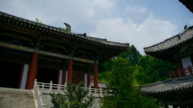 Çin antik tapınak mimarisi orman, mavi gökyüzü ve beyaz bulutlar arasında eav içinde