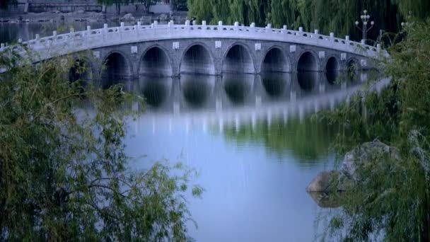 Арочный мост на озере в парке ив . — стоковое видео