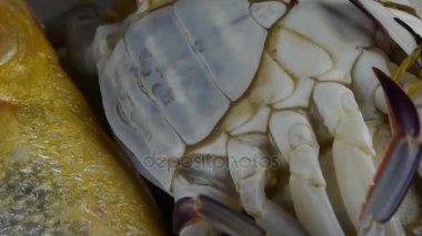 Çevirmeli plaka içinde nefis yengeç. Donmuş balıkçılık buzu..