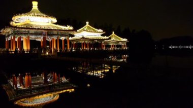 Çin Pekin antik mimari pavyonları havuz suyuna yansıyor.