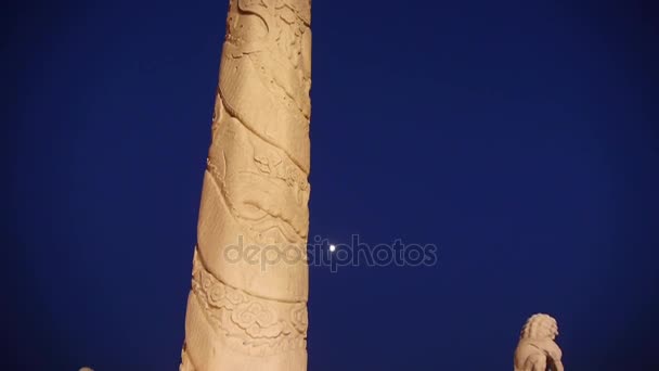 东方古代皇家狮子大理石柱 & 月亮在晚上. — 图库视频影像