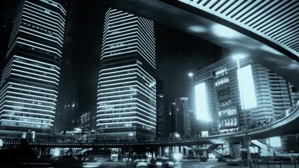 China-Sep 08,2016:shanghai night traffic & skyscraper,light trails of cars under overpass. — Stock Video