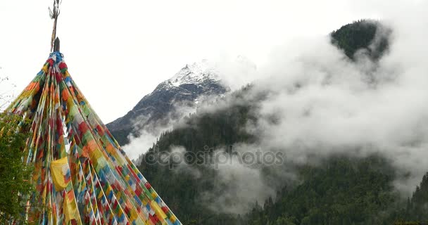 4 k modlitební praporek s sněhu hory v Tibetu. — Stock video