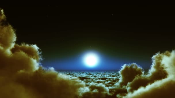 4 k noční let v mraky hmotnost, měsíc & nebe nebe, ve vysoké nadmořské výšce vesmíru. — Stock video