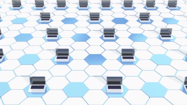 4 k raden av laptop på abstrakt tech hexagon bakgrunden, honungskaka. — Stockvideo