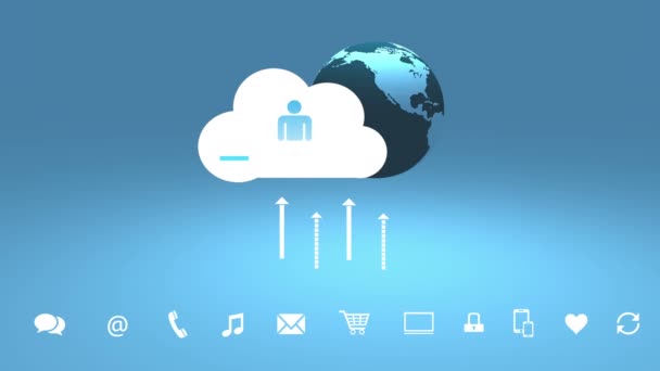 4k, atualize a nuvem informativa, gire a terra, upload e download de progresso . — Vídeo de Stock