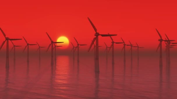 Turbinas de molino de viento 4k Limpio en el mar al amanecer, Energía eólica verde, nueva potencia . — Vídeos de Stock