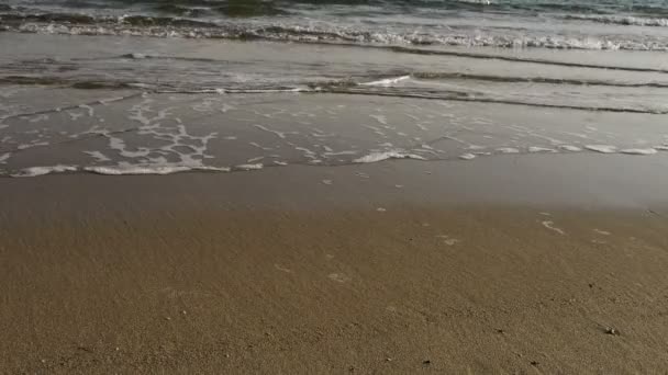 Olas en la playa de arena, burbujas y ampollas en la arena . — Vídeo de stock