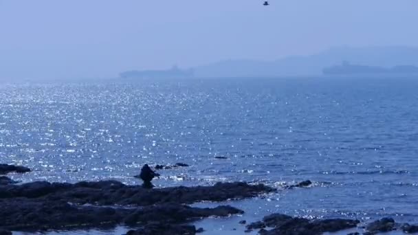 Человек на скалах кораблик reef.cargo Путешествует по сверкающим волнам . — стоковое видео