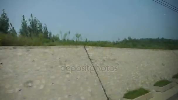 Viagens de trem em alta velocidade, paisagem fora da janela.Árvore das planícies das aldeias . — Vídeo de Stock