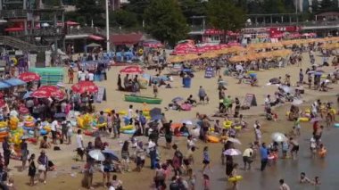 Çin-Ağu 08, 2017:A çok kalabalık banyo kumlu Plajı'nda insan. İnsanlar deniz, Çin'in Qingd yüzmek
