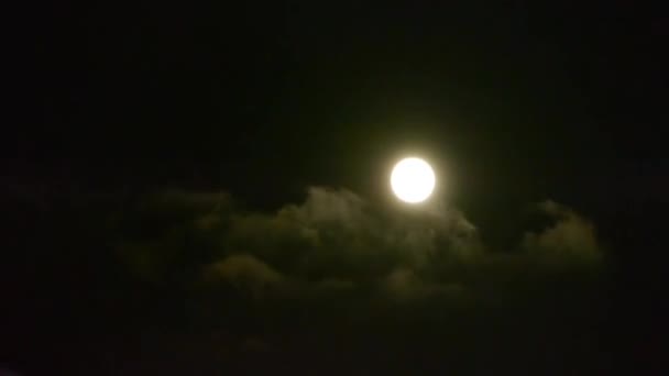 Luna llena en el cielo nublado, vuelo nocturno sobre las nubes, misteriosa escena de hadas. — Vídeos de Stock