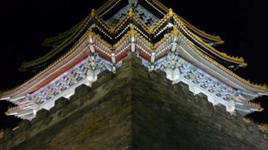 Gece Pekin Yasak Şehir Kulesi Panoramisi. Muhteşem saray. Büyük W