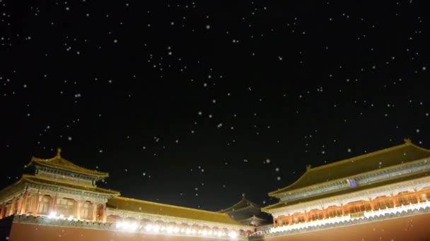 Panoramico di Pechino Città Proibita palazzo notte in inverno neve.Grande Muraglia . — Video Stock