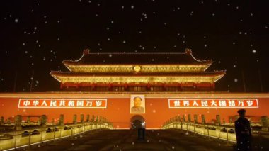 Çin-Eyl 08, 2017:police nöbet önünde Tiananmen Beijing Çin ve yağan kar.