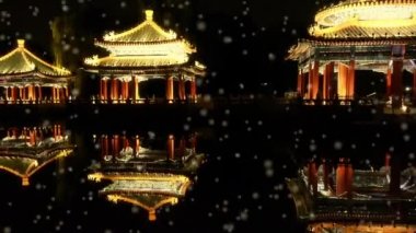 Çin Pekin antik Çin mimari pavyonları havuz suyuna yansıyor.