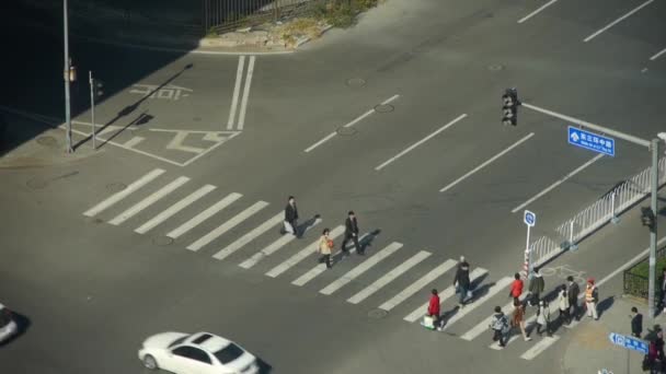 Vista aérea del paso de peatones y el tráfico en una ciudad urbana, cruce de cebra . — Vídeos de Stock