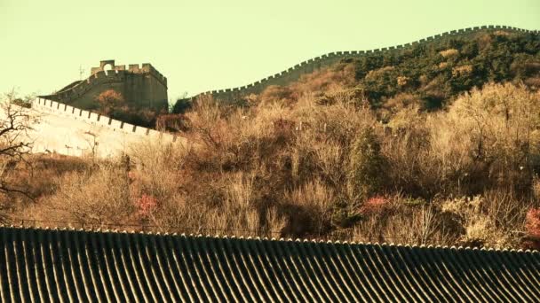 Chinesische Mauer auf Berggipfel, China alte Architektur, Festung im Herbst Herbst. — Stockvideo