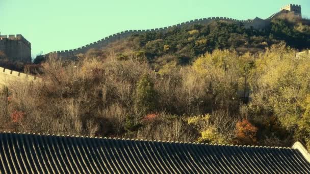 Велика стіна на вершині гори, стародавня китайська архітектура, фортеця восени. — стокове відео