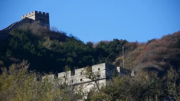 Great Wall på bergstopp, Kina antik arkitektur, fästning på hösten. — Stockvideo