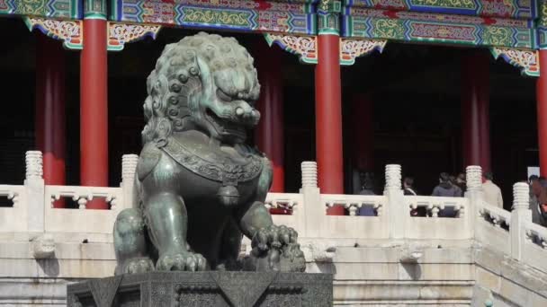 China-sep 08.2017: bronzener löwe vor der verbotenen stadt, Chinas königliche antike architektur. — Stockvideo