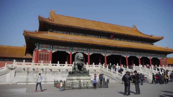 China-Sep 08,2017: León de bronce frente a Ciudad Prohibida, la antigua arquitectura real de China . — Vídeo de stock