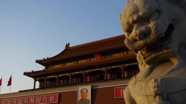 Antigo leão de bronze em frente à Cidade Proibida ao entardecer, China Centro político. — Vídeo de Stock
