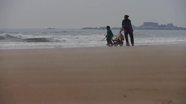China-Abr 08,2017: China-Sep 08,2017: madre jugando con un niño en la playa . — Vídeo de stock