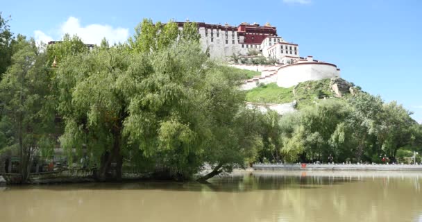 4k potala in lhasa, tibet.see mit weide im lasa park. — Stockvideo