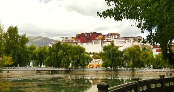 4k Potala réflexion sur le lac dans le parc de Lhassa, Tibet.lake avec saule . — Video