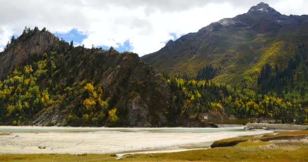 4k ranwu-lac dans la prairie, nuages masse roulant sur les montagnes de neige au Tibet . — Video