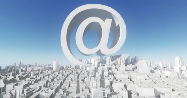 Símbolo de correo electrónico web 4k & abstracto urbano, 3D edificios geométricos virtuales de la ciudad . — Vídeo de stock