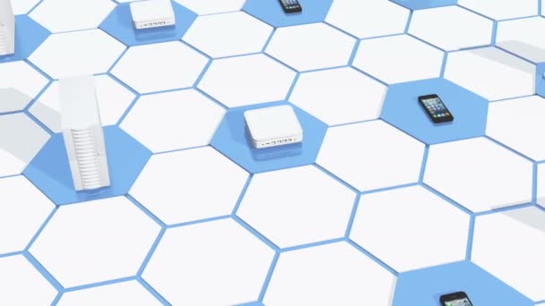 4k electronic equipment on the tech hexagon background. — Stock Video