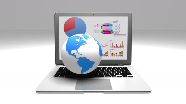 4k faire pivoter le modèle de terre sur l'ordinateur portable, les graphiques à secteurs financiers et les diagrammes de tendance des stocks . — Video