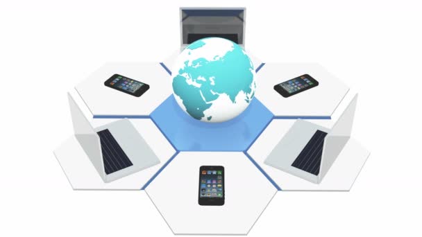 4k 智能手机和笔记本电脑围绕3d 旋转地球, 设备连接到互联网. — 图库视频影像