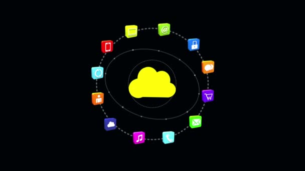 4k, concepto de Internet, iconos de servicios en línea, redes sociales en torno al almacenamiento en la nube . — Vídeos de Stock