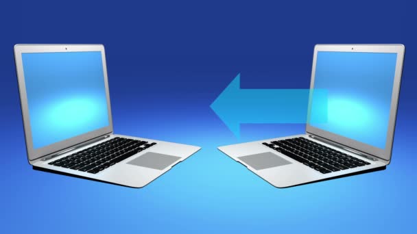 4k, Datenübertragung zwischen Computern, Laptop mit blauem Bildschirm. — Stockvideo