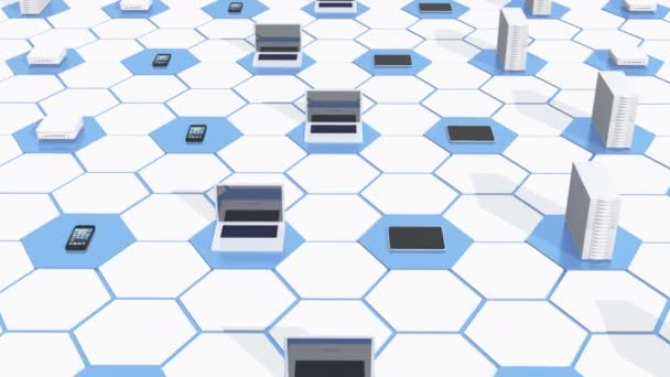 4 k elektronisk utrustning på tech hexagon bakgrunden. — Stockvideo
