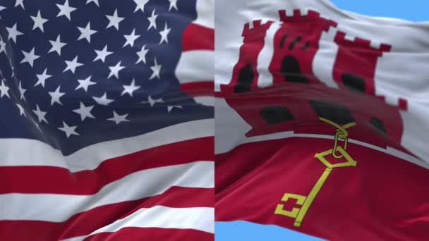 4k Stati Uniti d'America USA e Gibilterra Bandiera nazionale cielo blu sfondo — Video Stock