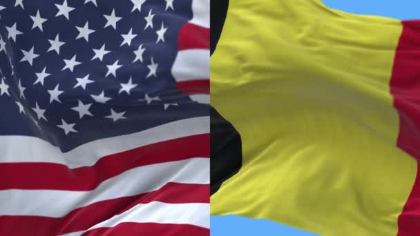 4k Estados Unidos de América EE.UU. y Bélgica Fondo de la bandera nacional . — Vídeo de stock