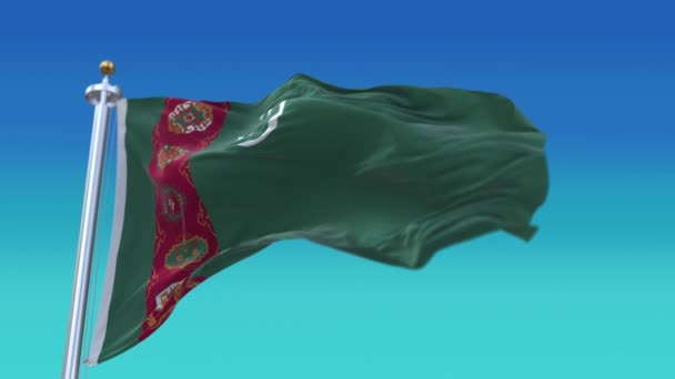 4k Turkmenistan Flaga narodowa powolne zmarszczki płynny wiatr machający w tle niebo — Wideo stockowe