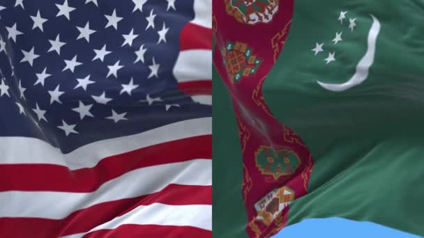 4k Stany Zjednoczone Ameryki Usa i Turkmenistan National flag wind background. — Wideo stockowe