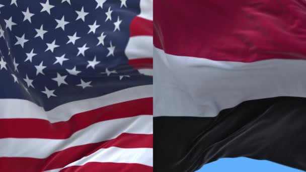 4k Estados Unidos de América EE.UU. y Yemen Fondo de viento de bandera nacional . — Vídeo de stock