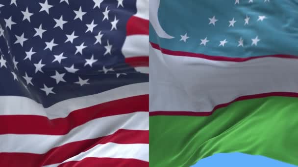 4k United States of America USA and Uzbekistan National flag wind background. — Stock Video
