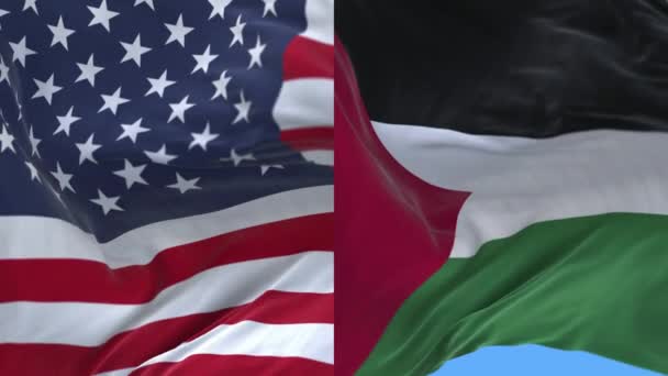 4k Estados Unidos da América EUA e Palestina Bandeira nacional em fundo de vento . — Vídeo de Stock